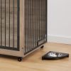 Furniture Style Dog Crate - Side Table With Rotatable Feeding Bowl, Wheels, Three Doors, Flip-Up Top Opening - Indoor -  Grey - 43.7"W x 30"D x 33.7"H